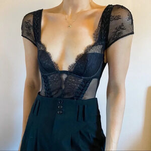 Victoria's Secret Lace short sleeve Bodysuit Black faux lace-up 16712